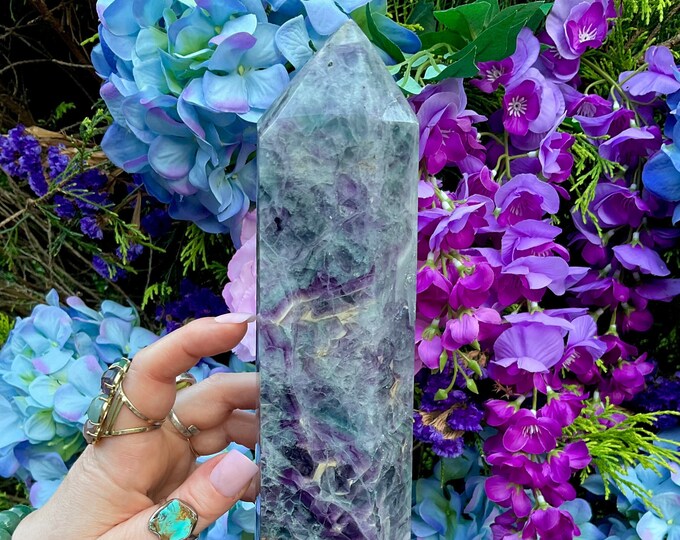Large Rainbow Fluorite Crystal Tower: Polished Free-Standing Generator (4 lb, 11.5")