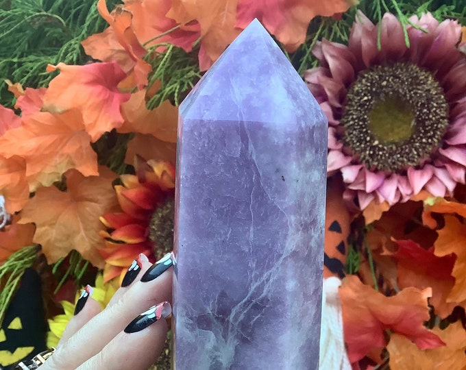 Lepidolite Crystal Generator ~ Large 1 Lb. 6 oz. ~ 6 1/2" Tall Tower ~ Flashing Deep Purple & Sparkling Silver Mica Inclusions