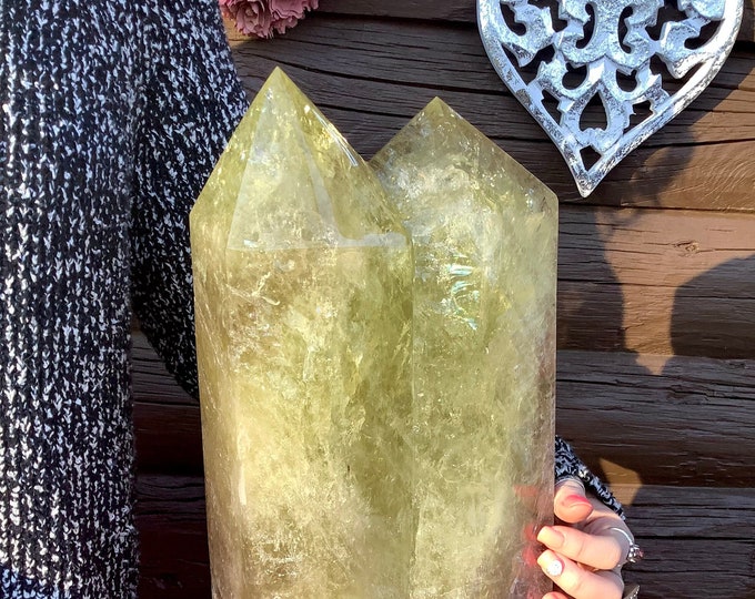 Citrine Twin Flame Crystal Generator~ Large 38 lb. ~ 16" Tall Double Point Tower ~ Sparkling Smoky Rainbow Inclusions ~ Custom Display Stand