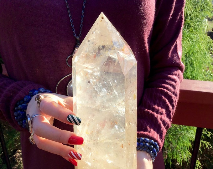 Clear Quartz Crystal Generator ~ Large 7 lb. 4 oz. ~ 12" Tall Tower ~ White Clouds ~ Sparkling Rainbow Inclusions ~ Fast Shipping