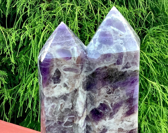 Amethyst Twin Flame Crystal Generator ~ 7 lb. 11 oz. ~ 9" Tall Double Point Tower ~ Swirling Purple & White Colors ~ Fast Shipping