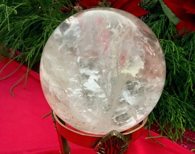 Clear Quartz Crystal Ball with Brass Display Stand ~ Large 2 Lb. 10 oz. Sphere ~ 3 1/2 " Wide ~ Sparkling Silver Inclusions ~ Home Decor