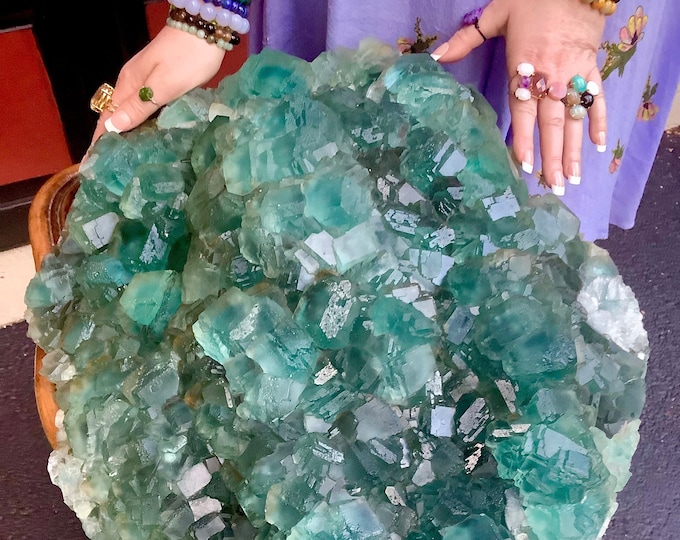 Blue Fluorite Crystal Cluster ~ Massive 110 lb. ~ 22" Long ~ Deep Ocean Blue Colors ~ Geometry Cubic Formation ~ Largest & Best on Etsy