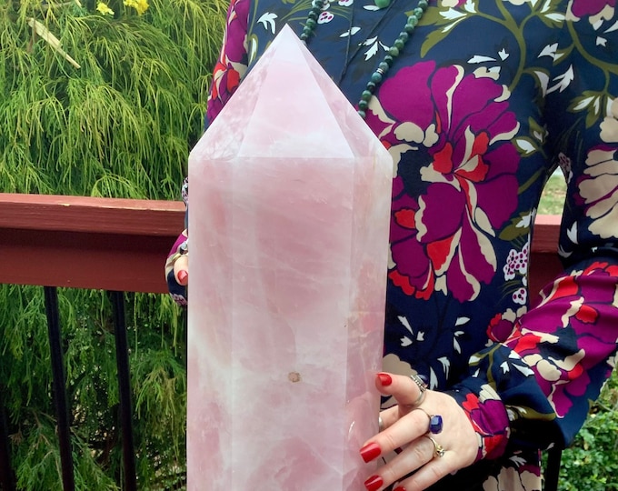 Rose Quartz Crystal Generator ~ Large 32 Lb. ~ 8" Tall ~ Swirling Pink & White Colors ~ Reiki, Feng Shui, Altar, Tower, Pillar Display