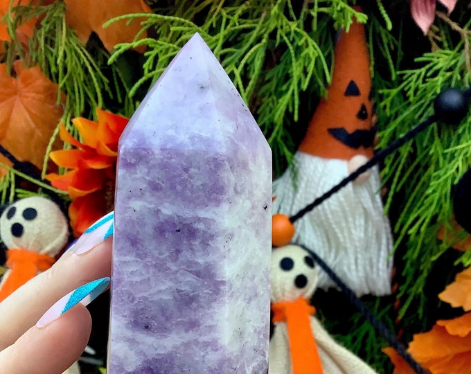 Lepidolite Crystal Generator ~ Large 14 oz. ~ 5 1/2" Tall Self Standing Pillar ~ Flashing Deep Purple & Sparkling Silver Mica Inclusions