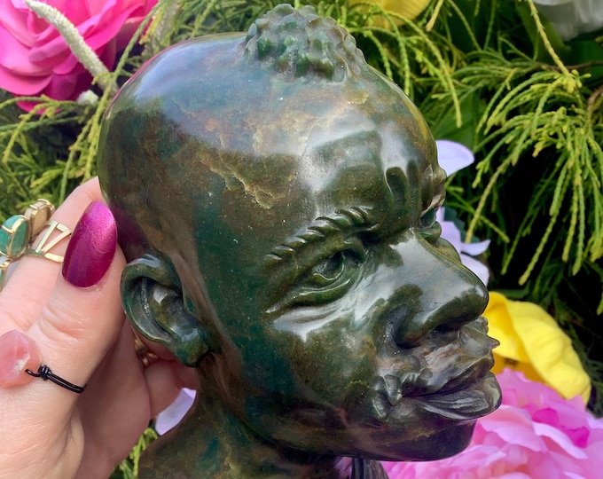 Verdite Warrior Shona Stone Crystal ~ Large 3 Lb. 6 oz. ~ 6" Tall ~ Hand Carved in Zimbabwe ~ Gorgeous Green Mineral Display Specimen Bust