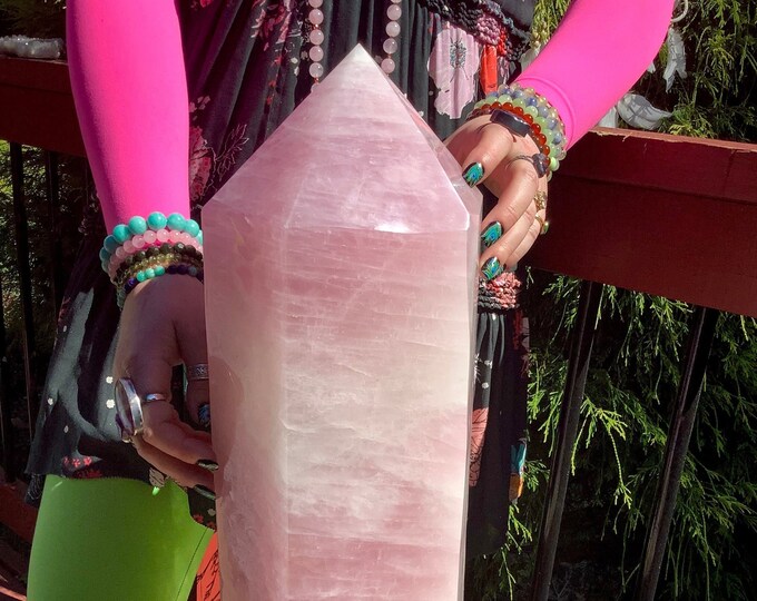 Rose Quartz Crystal Generator ~  Large 53 Lb. ~ 22" Tall ~ Swirling Pink & White Colors ~ Reiki, Feng Shui, Altar, Tower, Pillar Display