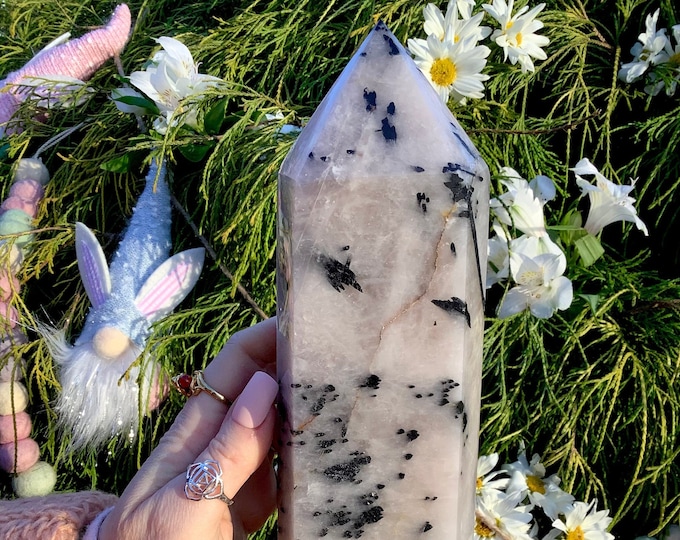 Black Tourmaline in White Snow Quartz Crystal Generator ~ Large 3 Lb 13 oz. ~ 11" Tall Tower ~ Tourmalated Inclusions ~ Fast & Free Shipping