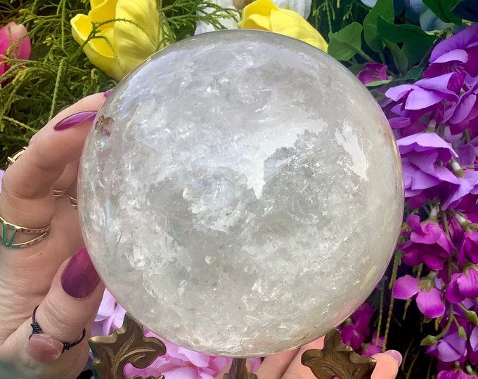 Clear Quartz Crystal Ball ~ 4 Lb 5 oz ~ 4" Wide ~ Polished Sphere w Decorative Antique Ball Display Stand ~ Sparkling Red Phantom Inclusions