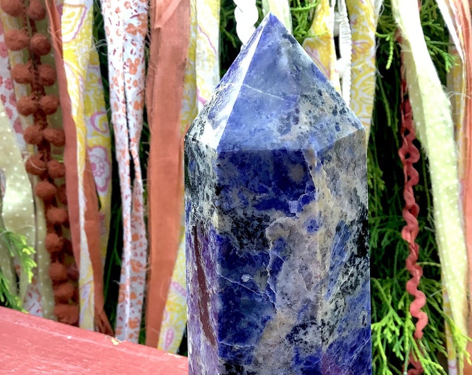 Sodalite Crystal Generator Tower: Polished Blue & White, 5.5"
