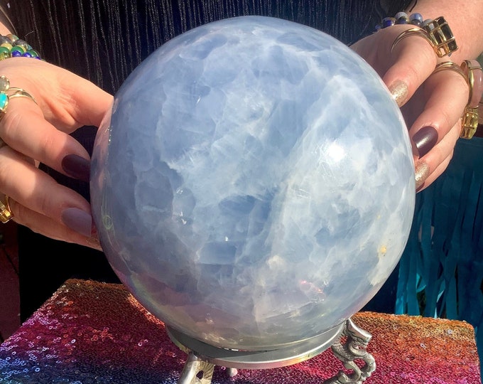 Large Blue Celestite Crystal Ball: Polished Sphere with Pewter Stand