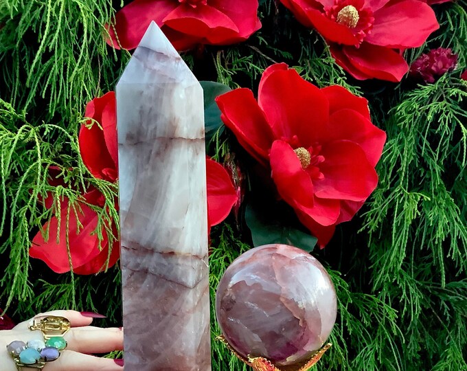Red Phantom Quartz Crystal Ball & Tower with Stand ~ Crystal Gift Set ~ Generator and Sphere Display ~ Free Gift-Wrapping ~ Fast Shipping
