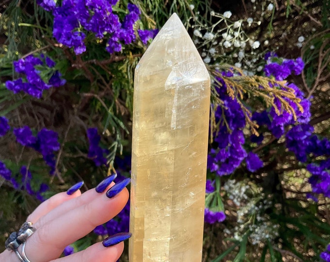 Yellow Calcite Crystal Generator ~ 10 oz.~ 5" Tall Tower~ Golden Honey Sparkling & Silver Inclusions ~ Reiki Altar Display ~ Fast Shipping