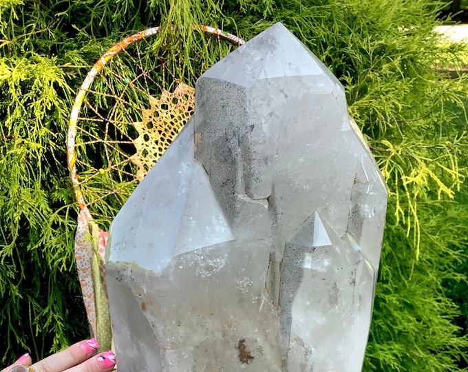 Frosted Quartz Crystal Generator ~ Large 35 Lb. ~ 14" Tall ~ Custom Display Stand ~ White Sand Inclusions ~ Sparkling Multipoint Tower