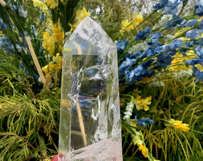 Ultra Clear Quartz Crystal Generator ~ 9.9 oz. Tower ~ 5" Tall Tower ~ Polished Point ~ Colorful Rainbow Colors ~ Fast & Free Shipping