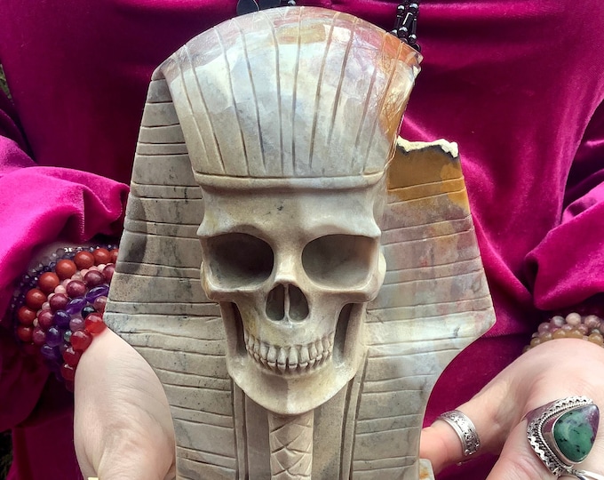 Petrified Wood Pharaoh Crystal Skull ~ 2 Lb. 15 oz. ~ 7" Tall ~ One-of-a-Kind ~ Expertly Hand Carved Egyptian Sculpture