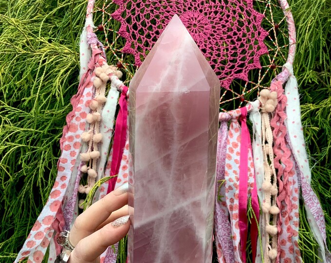 Rose Quartz Crystal Generator ~ 3 Lb. ~ 10" Tall Tower ~ Swirling Pink & White Colors ~ Home Décor, Valentine's Day Gift