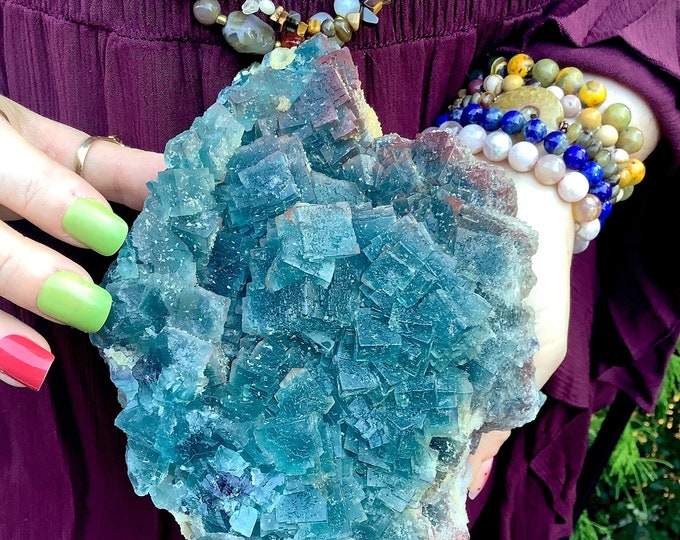 Blue Fluorite Crystal Cluster ~ Large 5 lb. 15 oz. ~ 8" Long ~ Sparkling Rare Color, Cubic Formation ~ Third Eye Chakra, Altar, Home Decor ~