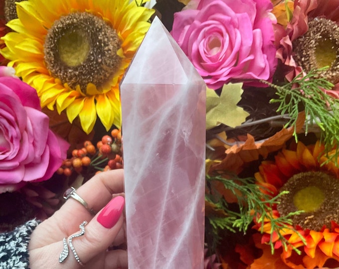 Rose Quartz Crystal Generator ~ 2 Lb. 3 oz. ~ 9" Tall ~ Swirling Pink & White Colors ~ Altar, Reiki, Feng Shui, Décor Tower Pillar Display