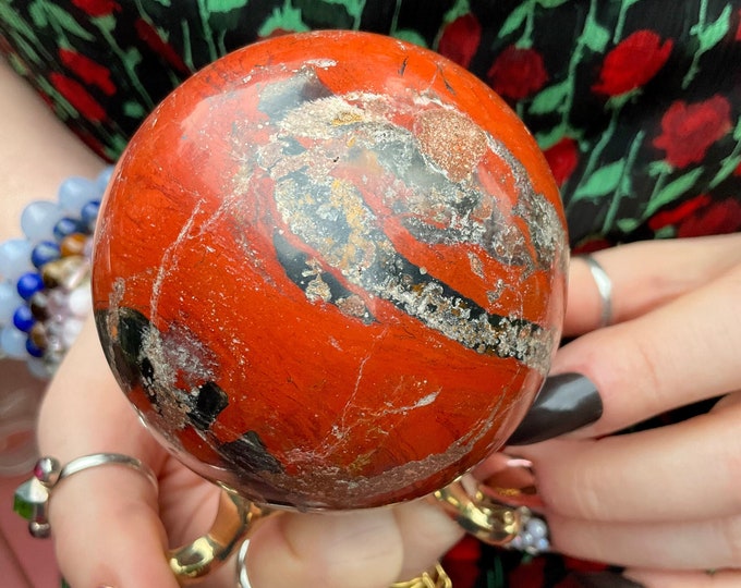Red Jasper Crystal Ball ~ w/ Display Stand ~ Large 1 Lb. ~ 2 1/2" Wide ~ Root Chakra, Altar, Kundalini, Home Decor ~ Fast & Free Shipping ~