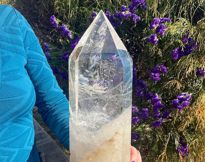 Clear Quartz Crystal Generator ~ Large 11 Lb. 14 oz. ~ 16" Tall ~ White Clouds ~ Sparkling Silver & Rainbow Inclusions ~ Fast Shipping