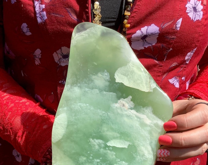 Large Jadeite Freeform Crystal: Emerald Green & White Stone, 10" Altar Display