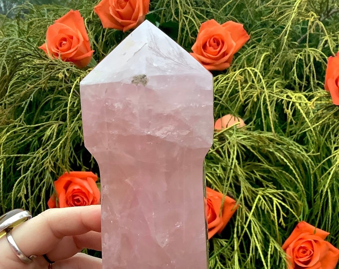 Rose Quartz Crystal Generator ~ Large 1 Lb. 10 oz. ~ 5" Tall Tower ~ Bright Pink Scepter ~ Reiki, Altar Display ~ Fast & Free Shipping