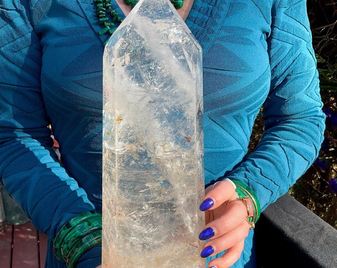 Clear Quartz Crystal Generator ~ Large 8 Lb. 13 oz. ~ 13" Tall ~ White Ghost Clouds ~ Sparkling Rainbow Inclusions ~ Fast & Free Shipping