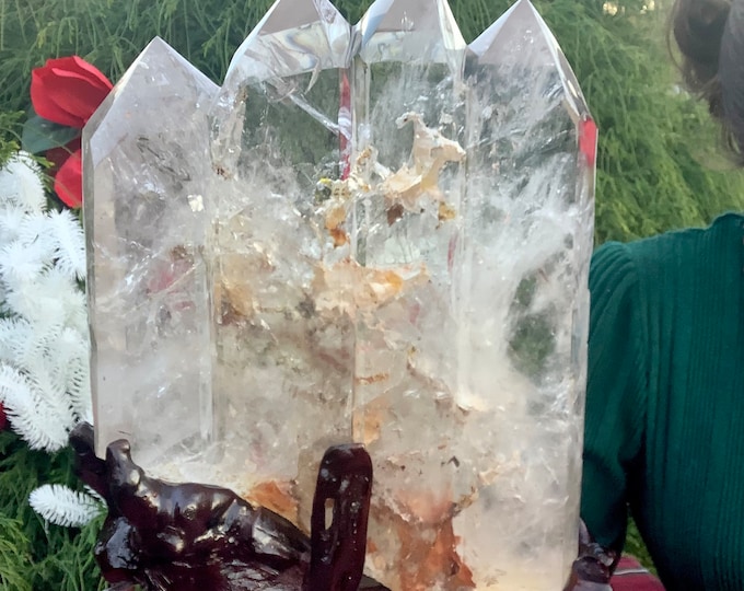 Clear Quartz Crystal Generator ~ 37 Lb ~ 15" Tall ~ Handmade Driftwood Stand Golden Healer Inclusions Perfect Polished Points, Free Shipping