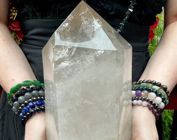 Clear Quartz Crystal Generator ~ Large 14 Lb. 5 oz. ~ 10" Tall ~ Sparkling Silver, Rainbow, Golden Healer Inclusions ~ Fast & Free Shipping
