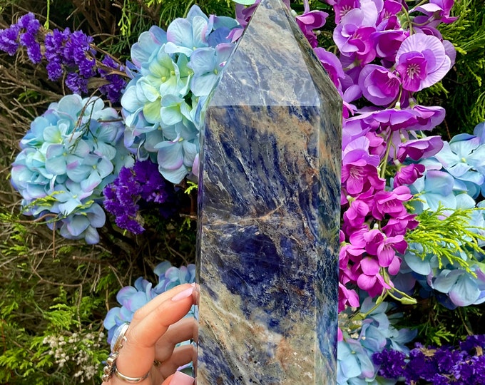 Sodalite Crystal Generator ~ Large 7 lb. 6 oz. ~ 12" Tall ~ White and Blue ~ Sparkling Polished Pillar ~ Fast & Free Shipping, USA + Gift