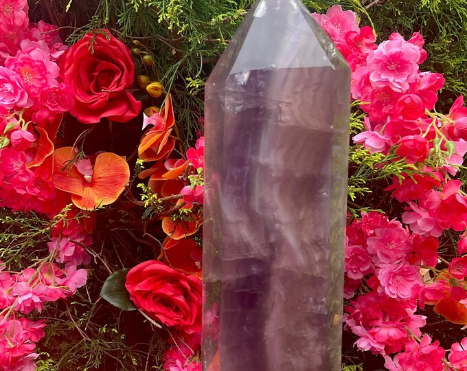 Purple Fluorite Crystal Generator ~ Large 5 Lb. 14 oz. ~ 11 1/2" Tall  Tower ~ Stunning Colors ~ Lavender Stripes ~ Holographic Blue Flashes