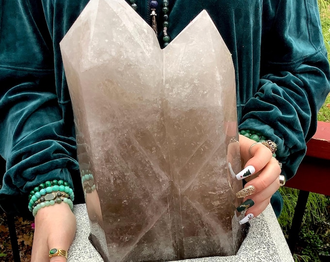 Smokey Quartz Twin Flame Generator w/ Custom Display Stand ~ Large 20 lb. ~ 13" Tall ~ Feng Shui Right Corner Display For Love/Relationships
