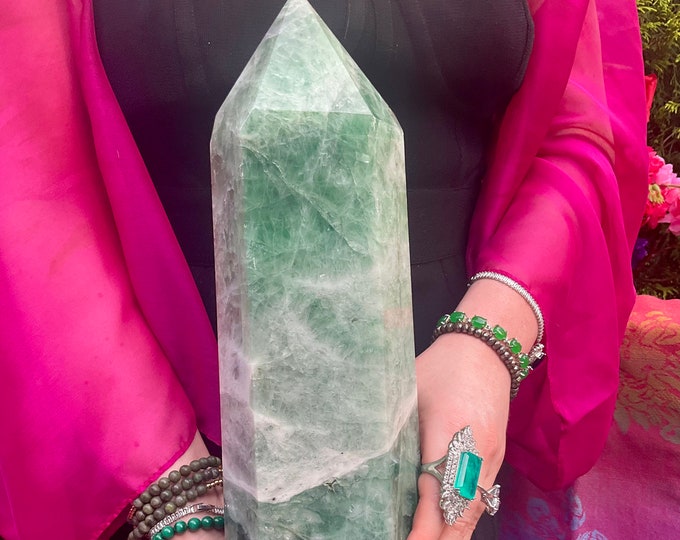 Green Fluorite Crystal Generator ~ Large 15 lb. ~ 12 oz. ~ 15" Tall ~ Green and White Swirls ~ Fast & Free Shipping, USA + Global Shipping ~