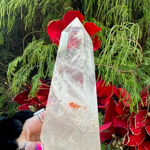 Large Clear Brazilian Quartz Crystal Generator: Silver Inclusions & Rainbows