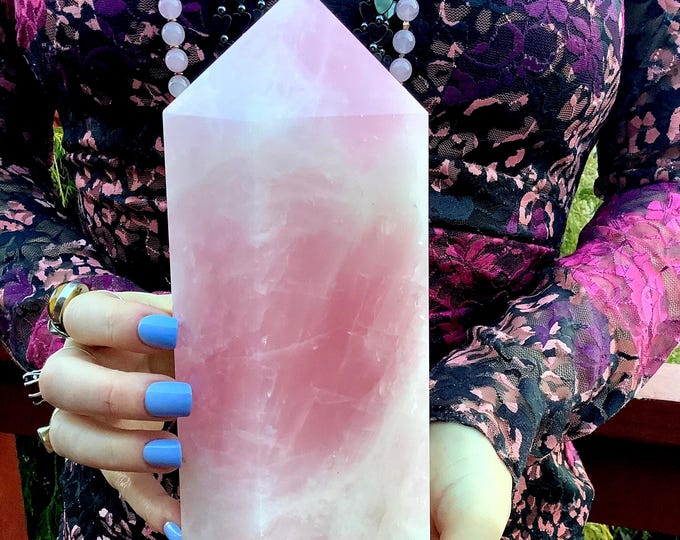 Rose Quartz Crystal Generator ~ Large 7 Lb. 14 oz. ~ 9" Tall Tower ~ Pink & White Sparkling Colors ~ Heart Chakra Reiki Altar, Love, Beauty