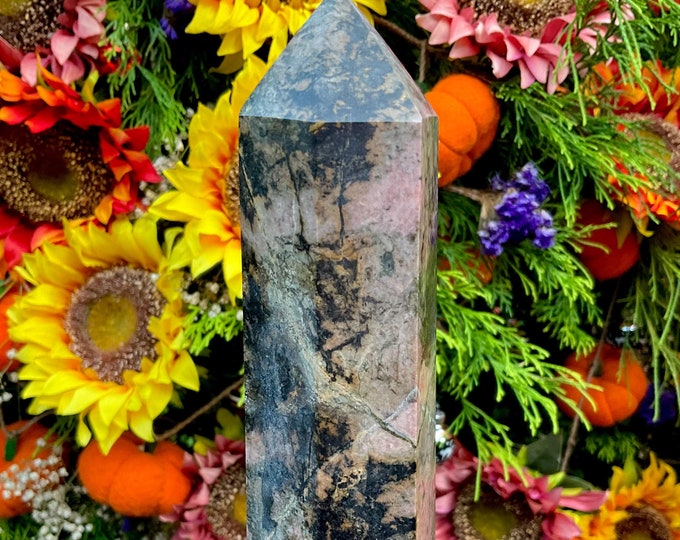 Rhodonite Crystal Generator ~ Large 1 Lb. 9 oz. ~ 7 1/2" Tall Tower ~ Black, White and Pink Colors ~ Fast & Free Shipping, USA, Tariff Free