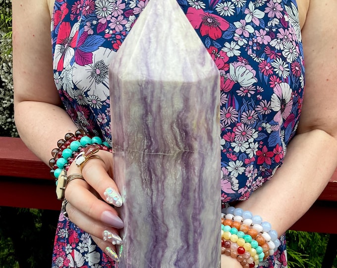 Lavender Fluorite Crystal Generator ~ Large 11 Lb. ~ 12" Tall ~ Swirling Glittery Snow White & Purple Colors ~ Fast and Free Shipping, USA ~