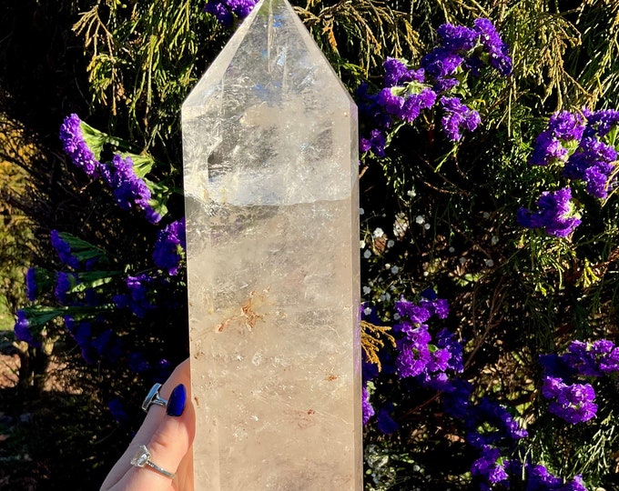 Clear Quartz Crystal Generator ~ Large 7 lb. 14 oz. ~ 14" Tall Tower ~ White Clouds ~ Sparkling Clear Rainbow Inclusions ~ Free Shipping