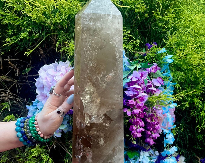 Smokey Citrine Crystal Generator w/ Handmade Wooden Display Stand ~ Large 16 lb 8 oz. ~ 17" Tall ~ Metaphysical Home Decor, Stunning Display