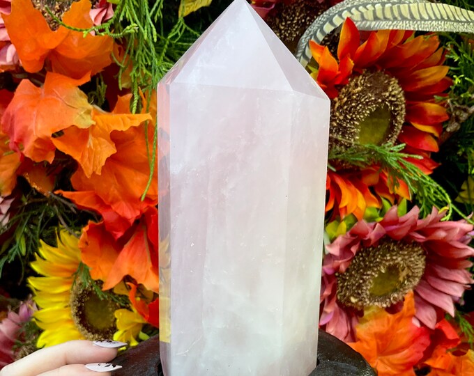 Rose Quartz Crystal Generator ~ 2 Lb. 8 oz. ~ 7" Tall ~ Large Pink Tower ~ Beautiful Wooden Display Stand ~ Fast Shipping