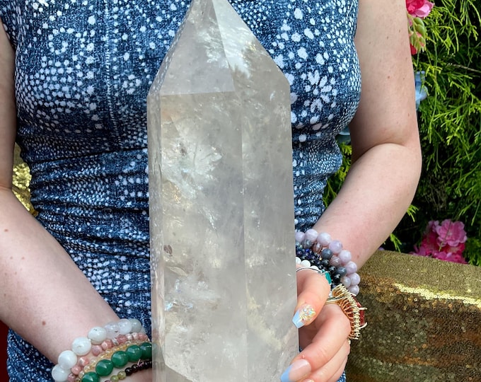 Clear Quartz Crystal Generator ~ Large 11 Lb. ~ 14" Tall Tower ~ Ghost Phantoms ~ Sparkling Silver Rainbow Inclusions ~ Fast & Free Shipping