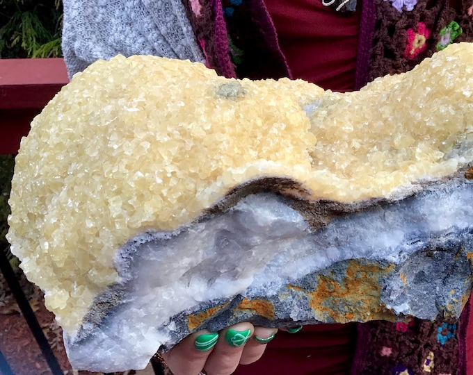 Yellow Calcite Crystal Cluster ~ Large 25 lb. ~ 15" Long ~ Sparkling Cubic Point Formation ~ Specimen Mineral ~ Reiki, Altar Display