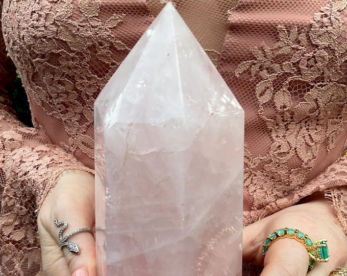 Rose Quartz Crystal Generator: 6" Tower with Rainbow Inclusions