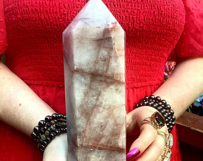 Red Phantom Quartz Crystal Generator, Root Chakra Healing, 11" Tall