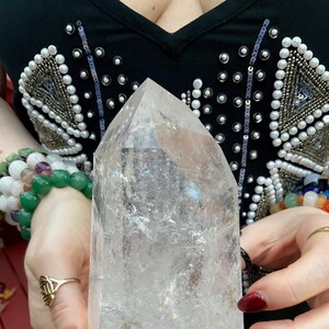 Large Brazilian Clear Quartz Crystal Generator Tower: Silver Inclusions, Rainbows