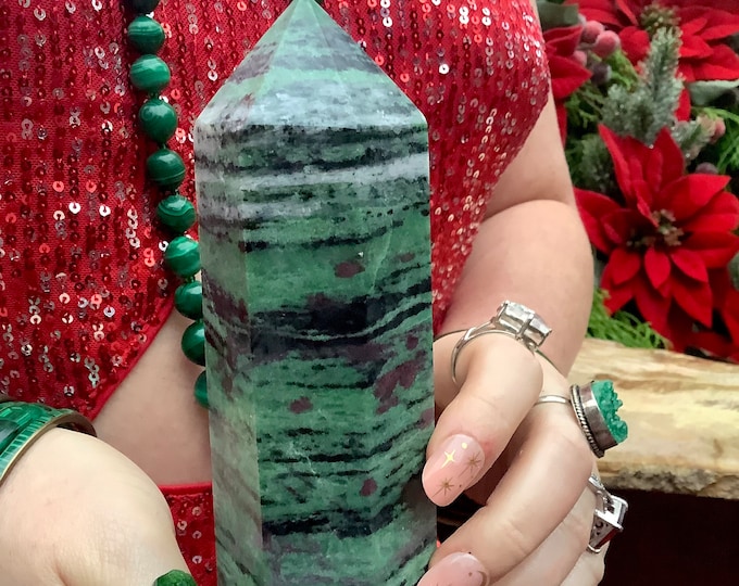 Ruby Zoisite Crystal Generator Tower: Red, Green & Black Colors