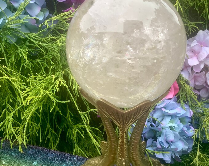 Clear Quartz Crystal Ball ~ Large 3 Lb. 4 oz. ~ 4" Wide ~ Vintage Brass Dolphin Display Stand ~ Altar, Reiki, Feng Shui Display, Home Decor