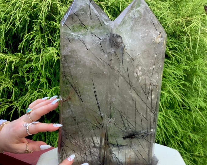 Clear Quartz Tourmaline Crystal Twin Flame Generator ~ Large 12 Lb. 7 oz. ~ 13" Tall ~ Custom Handmade Wooden Stand ~ Fast Shipping, U.S.A.