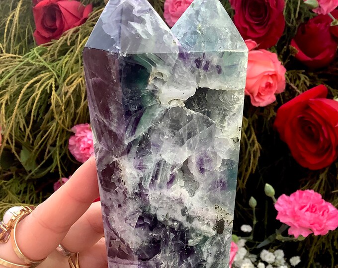 Rainbow Fluorite Crystal Twin Flame Generator ~ Large 1 lb. 9 oz. ~ 6 1/2" Tall ~ Swirling Colors ~ Stunning Display ~ Fast & Free Shipping